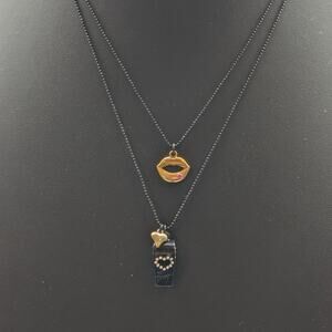 Betsey Johnson Black Gold Rhinestone Whistle Lips Heart Double Strand Necklace